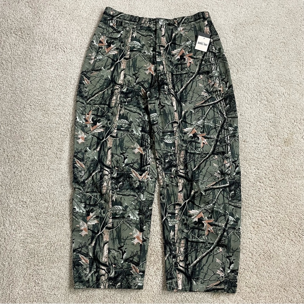 NO COMMENT Camouflage WOODS & LEAVES Print BARREL Denim JEANS Pants  L